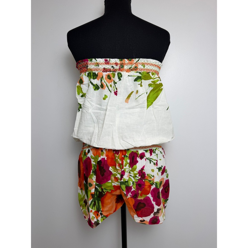 Y2K Boho Mini Strapless Smocked Romper Floral Beachy Resort Vacation Small